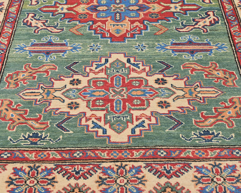 4x6 Green Kuba Afghan Hand Knotted Wool Area Rug